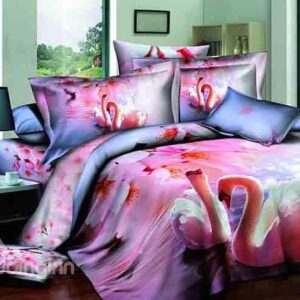 Swimming Couple Swan Pink Peach Blossom Print 4-Piece Cotton Duvet Cover Sets