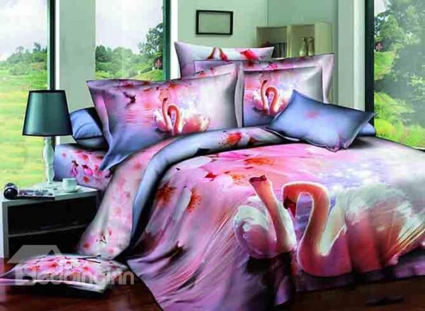 Swimming Couple Swan Pink Peach Blossom Print 4-Piece Cotton Duvet Cover Sets