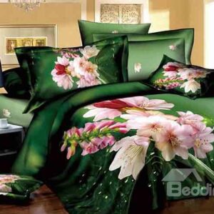 Pastoral Pink Flowers Dewy Grass Design Green 4-Piece Cotton Duvet Cover Sets