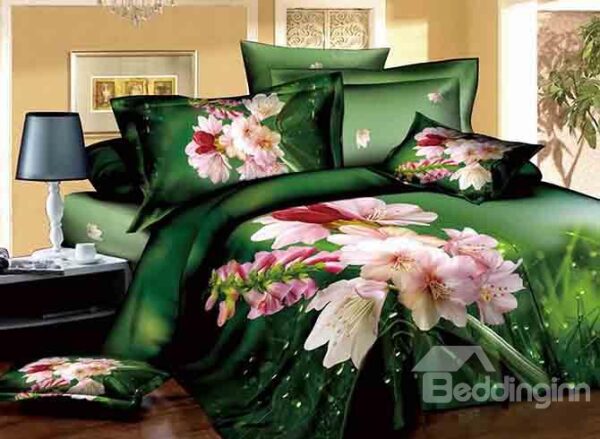 Pastoral Pink Flowers Dewy Grass Design Green 4-Piece Cotton Duvet Cover Sets