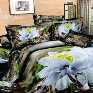 White Flowers Print High Quality Cotton 4-Piece Duvet Cover Sets