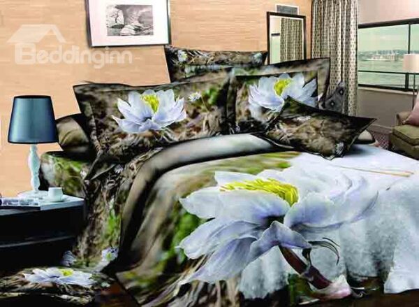 White Flowers Print High Quality Cotton 4-Piece Duvet Cover Sets