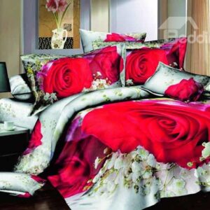 Big Red Rose & Small White Flowers Print 4-Piece Cotton Duvet Cover Sets