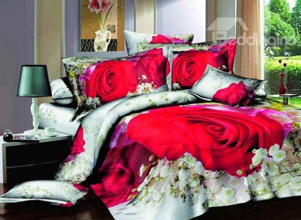 Big Red Rose & Small White Flowers Print 4-Piece Cotton Duvet Cover Sets