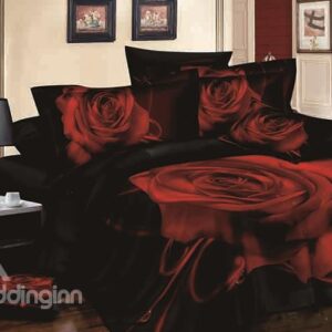 3D Red Blooming Flower Print Black 4-Piece Cotton Duvet Cover Sets
