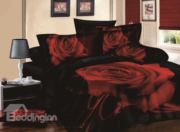 3D Red Blooming Flower Print Black 4-Piece Cotton Duvet Cover Sets
