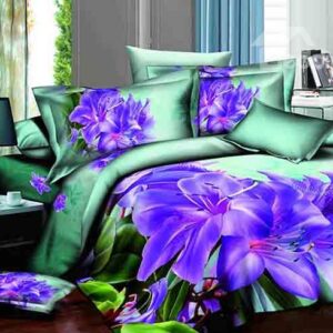 Purple Flowers Green Background Design 4-Piece Cotton Duvet Cover Sets