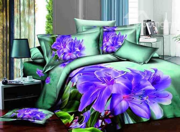 Purple Flowers Green Background Design 4-Piece Cotton Duvet Cover Sets