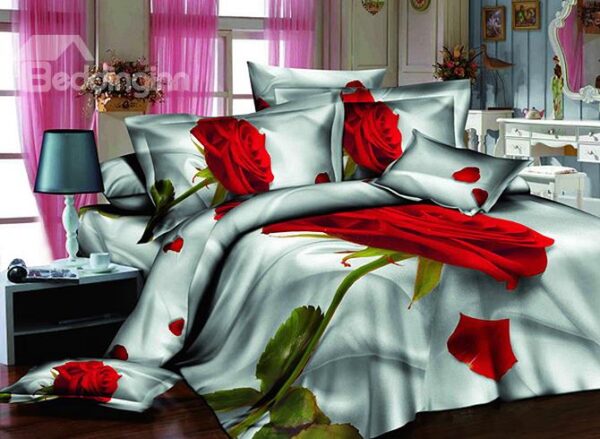 Luxury One Red Rose Print European Style 4-Piece Duvet Cover Sets