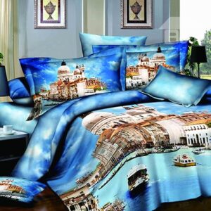 Venice St. Mark's Square Scenery Print Blue 4-Piece Cotton Duvet Cover Sets