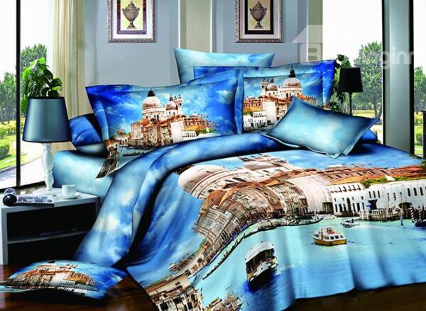 Venice St. Mark's Square Scenery Print Blue 4-Piece Cotton Duvet Cover Sets