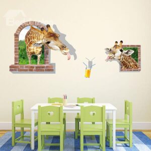 Funny Two Giraffes Trying Drinking Juice Removable 3D Wall Sticker