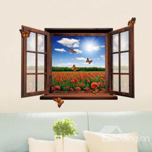 Gorgeous Window View Flower Field and Butterfly Removable 3D Wall Sticker