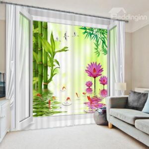 3D Refreshing Red Flower Green Plant Print Curtain