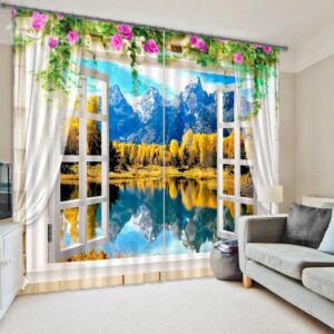 Beautiful Window View of Mountains&Forest Print 3D Curtain
