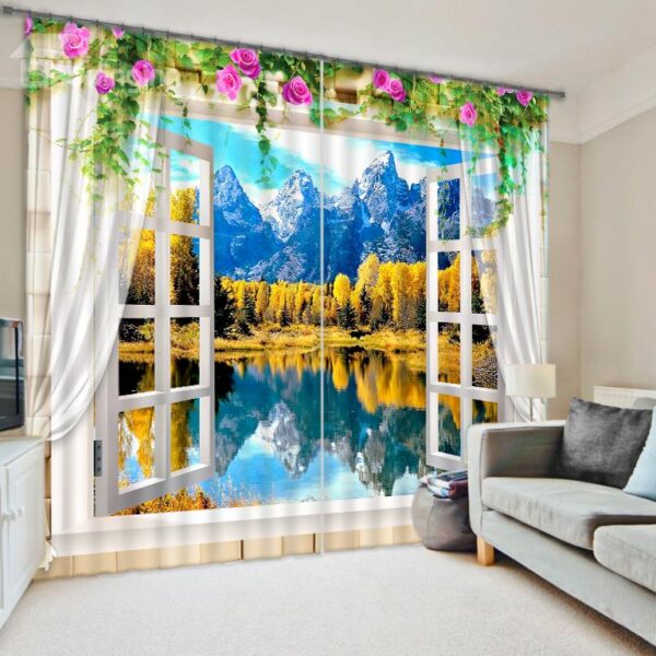 Beautiful Window View of Mountains&Forest Print 3D Curtain