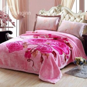 Rosy Flowers Design Warm and Thick Pink Polyester Blanket