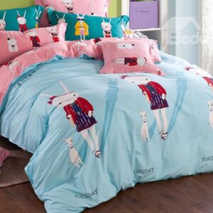 Light Blue Cute Rabbits Pattern Kids Organic Cotton Duvet Cover Set