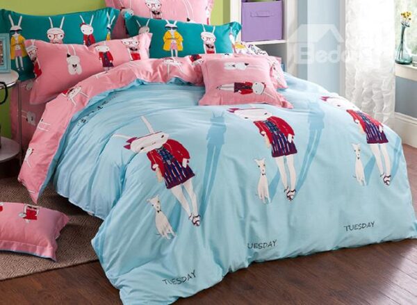 Light Blue Cute Rabbits Pattern Kids Organic Cotton Duvet Cover Set