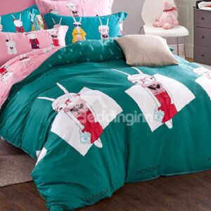 Green Rabbit in Red Dress Kids Organic Cotton Duvet Cover Set