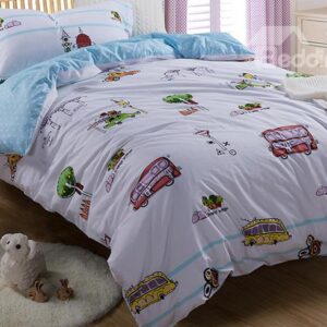 Lovely Bus Pattern Kids Organic Cotton Duvet Cover Set