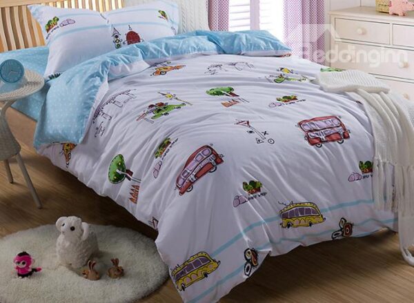 Lovely Bus Pattern Kids Organic Cotton Duvet Cover Set