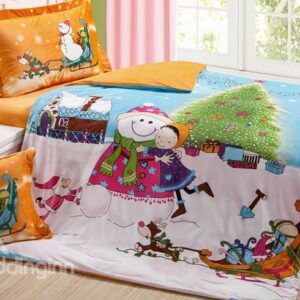 Snowman and Girl Print Kids Organic Cotton Duvet Cover Set