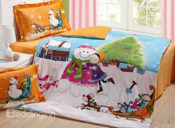 Snowman and Girl Print Kids Organic Cotton Duvet Cover Set