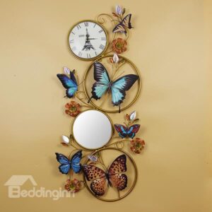 Creative Versatile Ironworks Butterfly Decoration with Mirror Wall Clock