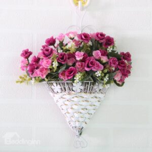 Romantic Wall Decoration Artificial Flowers Rosebud in Basket Wall Flower Sets