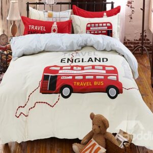 Travel England Theme Red Bus Print Kids 4-Piece Duvet Cover Set