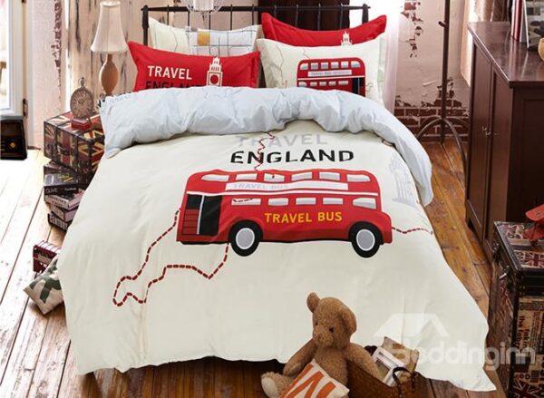 Travel England Theme Red Bus Print Kids 4-Piece Duvet Cover Set