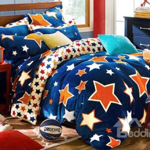 Trendy Dark Blue Stars Pattern Flannel Duvet Cover Set