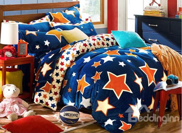 Trendy Dark Blue Stars Pattern Flannel Duvet Cover Set