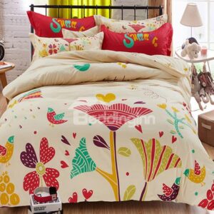 Colorful Holiday Theme Flowers and Birds Pattern Kids Duvet Cover Set