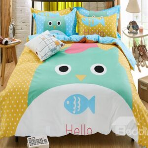 Super Cute Cat and Fish Print Kids Duvet Cover Set