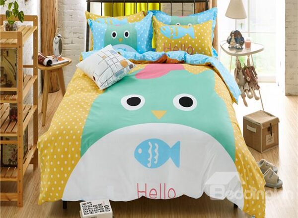 Super Cute Cat and Fish Print Kids Duvet Cover Set