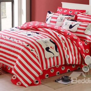Vivid Red Stripes Pattern Soft Cotton Kids Duvet Cover Set