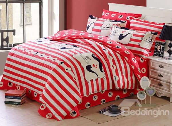 Vivid Red Stripes Pattern Soft Cotton Kids Duvet Cover Set