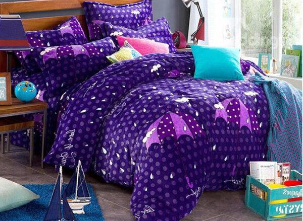 Purple Umbrella and Polka Dot Pattern Kids Duvet Cover Set