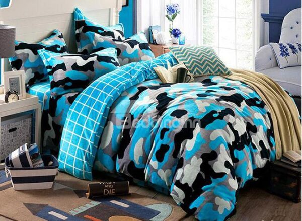 Blue Camouflage Pattern Warm Flannel Kids Duvet Cover Set