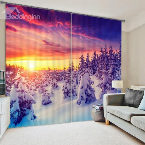 Beautiful Snowy Forest Sunset Scenery 3D Blackout Curtain