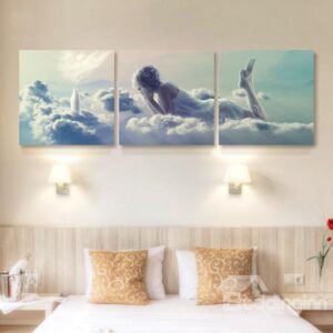 Romantic Young Women in Lingerie Lying on Clouds 3-Panel Bedroom Wall Art Prints