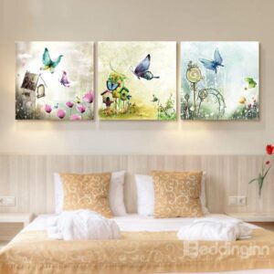 Beautiful Hand-Painting Butterfly Dancing Among Flowers 3-Panel Wall Art Prints
