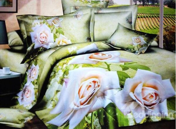Pastoral White Flowers Green Background 4-Piece Cotton Duvet Cover Sets
