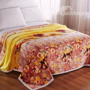 Lovely Deer Wandering in Flowers Print Polyester Blanket
