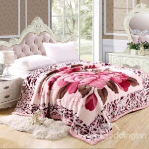 Romantic Pink Flower and Wild Leopard Design Thick Blanket