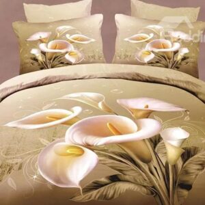 Calla Lily Print Polyester Camel 4-Piece Duvet Cover Sets