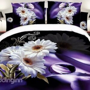 White Daisy Print Noble Purple 4-Piece Polyester Duvet Cover Sets