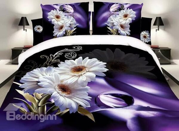 White Daisy Print Noble Purple 4-Piece Polyester Duvet Cover Sets